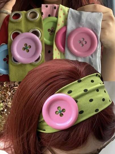 1个可爱波点纽扣装饰发箍，防滑弹力发带，Y2K美学发饰，适合女性日常佩戴、化妆、街头风格
