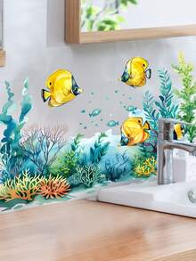 1pc Waterproof Self-Adhesive Watercolor Ocean Fish Wall Sticker, Adds Fresh And Elegant Decoration To Bathroom Space - 1PC - View 4