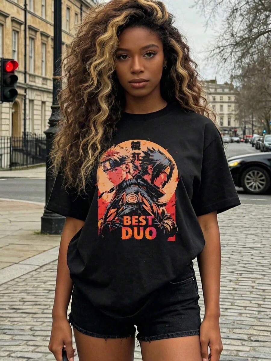 Women's Summer Casual T-Shirt With A Soft Crew Neck And Short Sleeves, Going-Out Tops, Cotton, Vintage, European And American Street Style, Sporty-Casual, Unisex Style, Urban Casual Style, Beautiful Tops, Gen Z, Curve, Y2K Clothing, Fun T-Shirts, Women's Tops, Women's Vacation Outfits, Cute Top, Graphic T-Shirt, Spring Outfits, Baggy T-Shirts, Retro Streetwear, 90s Style, 2000s Style, Subculture, Black Top, White Tops, 90s Party Outfit. Classic Unisex Graphic Print T-Shirt – Perfect For Everyday Wear. Casual Cotton Summer Shirt: Soft, Lightweight, And Comfortable To Wear. Stylish, Casual Design. - Black - View 1