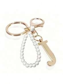 Advanced Elegant Golden Pearl Letter Keychain, Letters A-Z Three-Dimensional Pendant, Elegant Pearl Chain Flash Diamond (Removable According To Personal Preference) Fashion Alloy Keychain Ring, Earphone Pendant, Backpack Charm Car Keychain - 金色 - 查看 7