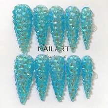 Y2K Luxury Long Pointed Nails, Handmade, Clear Nail Plates, Light Blue Rhinestones, Shiny Full Coverage 3D Design - Full Coverage DIY Shiny Artificial Nails, Elegant, Glamorous, Suitable For Party, Outdoor, Beach, Daily, Holiday, Gathering, Work And Special Occasions - 10pcs/Pack - Multicolor - View 13