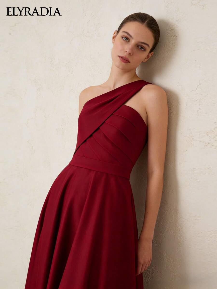ELYRADIA Elegant Women's Red Pleated A-Line Long Formal Dress, Suitable For Weddings Or Galas - Red - View 1