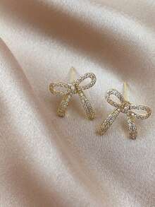 1 Pair New Elegant Fashion Bowknot Earrings, Simple Versatile Sparkling Rhinestone Earrings - Gold - View 4