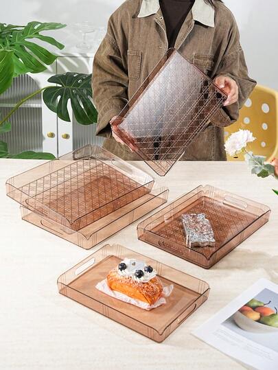 1 bộ khay màu trà nhiều kích cỡ, phong cách Ins có tay cầm, dùng đựng thực phẩm, đồ ăn nhẹ, đồ uống, sushi, bít tết, pizza, tráng miệng, bánh ngọt, bánh mì, khay ăn sáng, khay cà phê, khay trà, khay bày thịt nguội, khay phục vụ hình chữ nhật, khay tráng miệng quán cà phê, khay lưu trữ, đĩa bánh và đồ ăn nhẹ, chất liệu nhựa PET không vỡ
