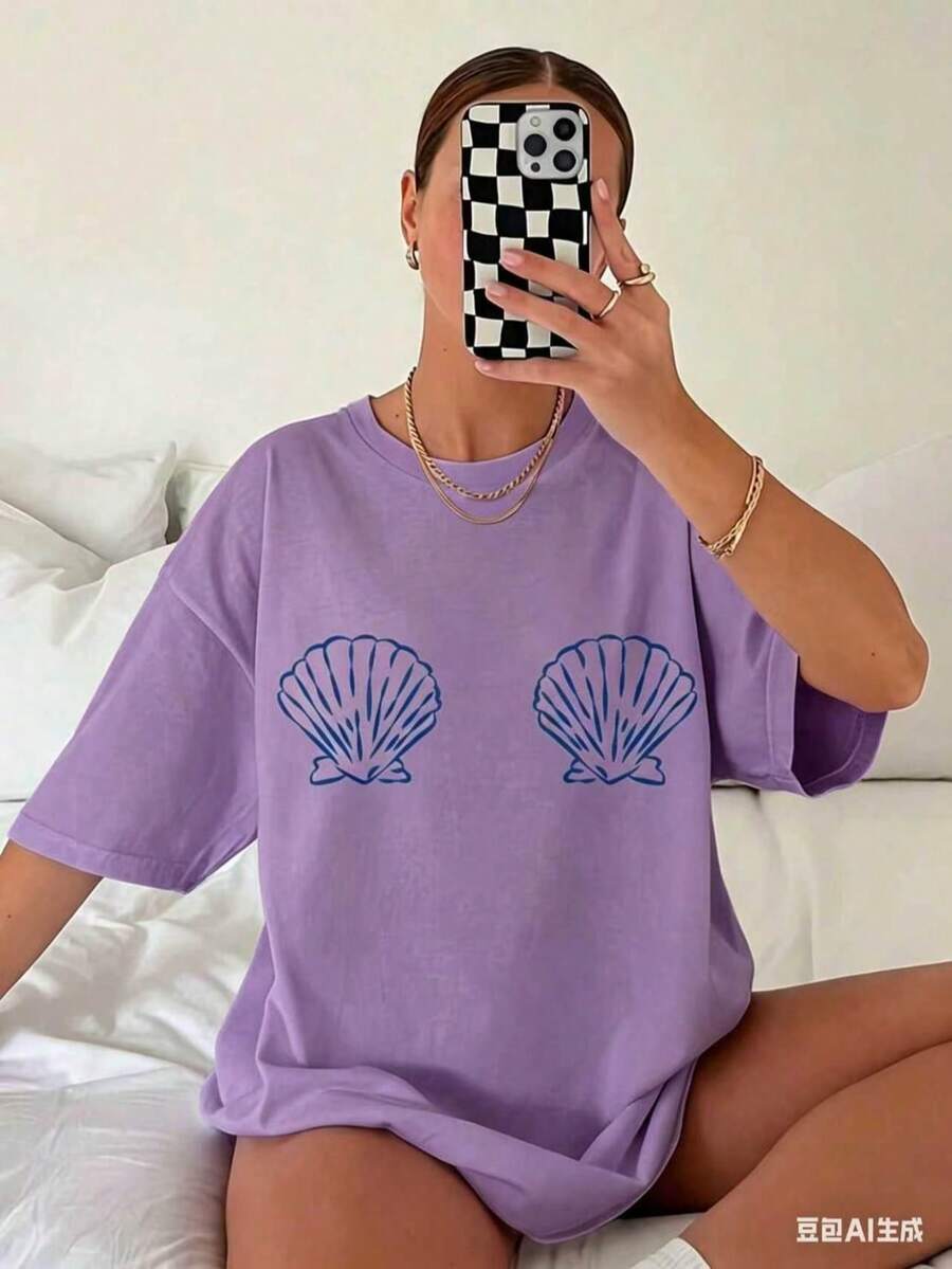 Graphic TeesWomen's Tropical Shell Print Casual T-Shirt - High Elasticity Round Neck Short Sleeve Top, Machine Washable White Blue Summer Beachwear, All-Season Comfortable Fit, Breathable Fabric, Simple Design, Tops For Women, Vacation Outfits For Women100% CottonWomen's Casual Easter Cotton T-Shirt Soft Breathable Daily Tee - 紫色 - 查看 1