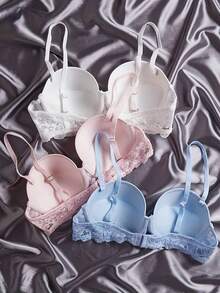 3pcs/Set Women's Fashion Lace Padded Shoulder Strap Removable Push-Up Bra, Comfortable Adjustable - Multicolor - View 2