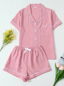 2pcs Comfortable Striped Print Short Sleeve Polo Collar Top And Bow Shorts Pajama Set For Women, Spring/Summer - Pink - View 1