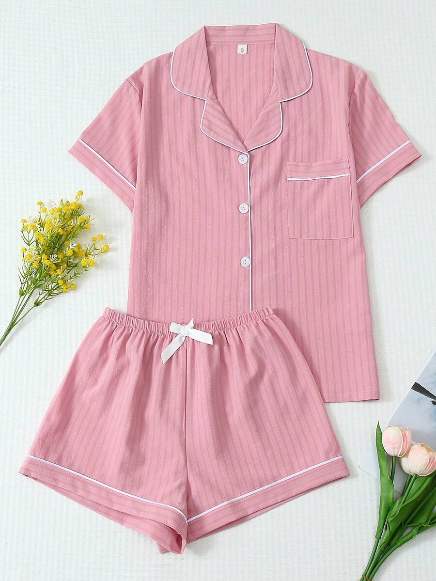 2pcs Comfortable Striped Print Short Sleeve Polo Collar Top And Bow Shorts Pajama Set For Women, Spring/Summer - Pink - View 1