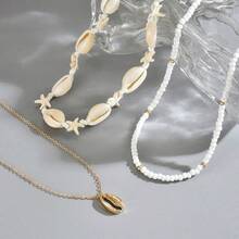 Bộ 3 vòng cổ kiểu dáng nghỉ dưỡng mùa hè, phong cách Bohemian cổ điển, làm từ hạt thủy tinh, ngọc lam, vỏ sò và sao biển, được dệt từ dây thừng, thích hợp cho trang phục đi biển hàng ngày. - trắng - Xem 2
