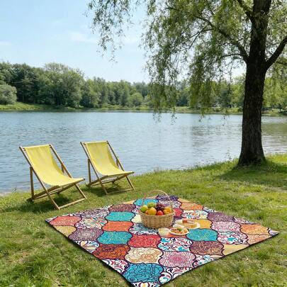 1pc Outdoor Beach Blanket, Moroccan Style Picnic Mat, Travel Hiking Camping Lawn Park Supplies, Swimming Pool & Outdoor Activities, Picnic Essential, RV Camping Mat, Portable Washable Lightweight Pad