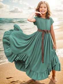 Vestido Assimétrico sem Mangas e Decotado para Meninas Pré-Adolescentes, Adequado para Casamentos, Festas, Férias Boêmias - Azul cadete - Visão 5