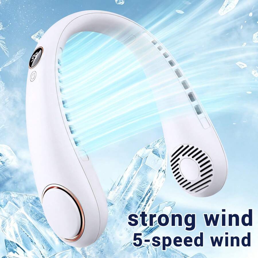 1pc Neck Hanging Fan, Bladeless Neck Fan, 1500mAh Battery Capacity Upgraded Version, Long-Lasting Battery Life, 5 Adjustable Speeds, LED Display, Suitable For Students, Office, Outdoor Travel, Perfect Gift, Essential For Holidays - 掛脖式 - 查看 1