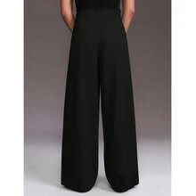 极简修身黑色阔腿裤，男士中腰褶裥宽松休闲长裤，通勤风格 - 黑色 - 查看 5