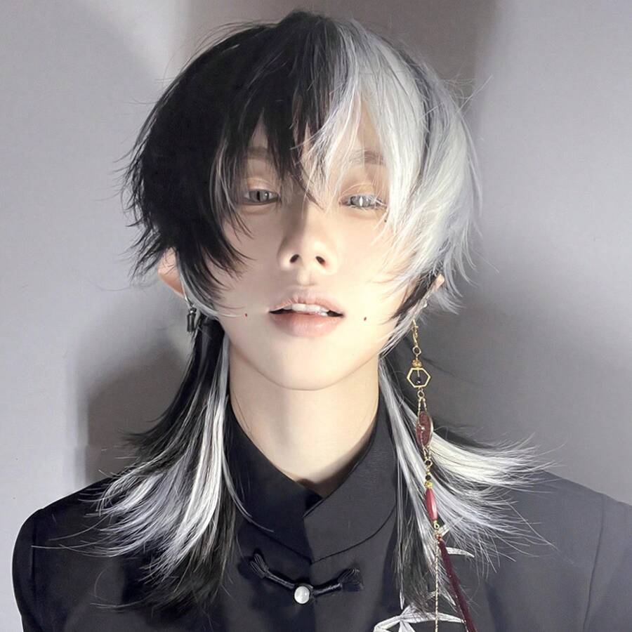 Cosplay Wigs - 狼尾黑白挑染+髮網 - 查看 1