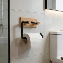 Modern Wall‑Mounted Toilet Paper Holder Wood‑Grain Finish (Plastic Material Only),Drill‑Free Self‑Adhesive Tissue Holder, Dual‑Use Organizer ForKitchen & Bathroom, Sturdy Wood‑Look Plastic, Holds Paper Rolls, Wrap Rags & Toilet Paper, Easy To Install - Multicolor - View 5