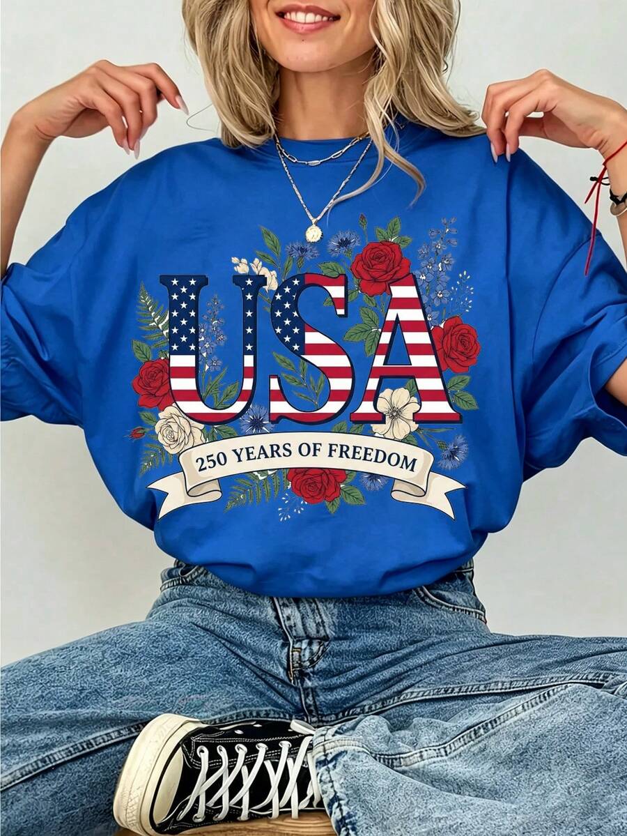 250 Years Of Freedom USA T Shirt 2026 July 4th Independence Day Patriotic Floral Graphic Oversized Loose Short Sleeve Tee Top For Women - 藍色 - 查看 1