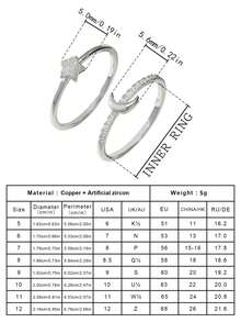 Gift Box Set Couple Rings With Star & Moon Design, Cubic Zirconia Inlaid Shiny Jewelry, Suitable As Holiday Gift - Silver - View 6