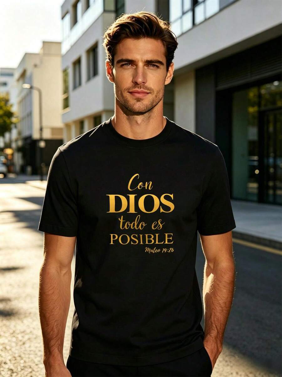 Men's Black T-Shirt | Spanish Christian Quote "Con Dios Todo Es Posible" (Mateo 19:26) | Casual Religious Apparel For Daily, Church - Black - View 1