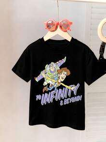 Disney-White Background Toy Story Buzz Lightyear And Woody To Infinity And Beyond Print Kids' Short Sleeve T-Shirt - Playful And Adventure Style Top - màu đen - Xem 3