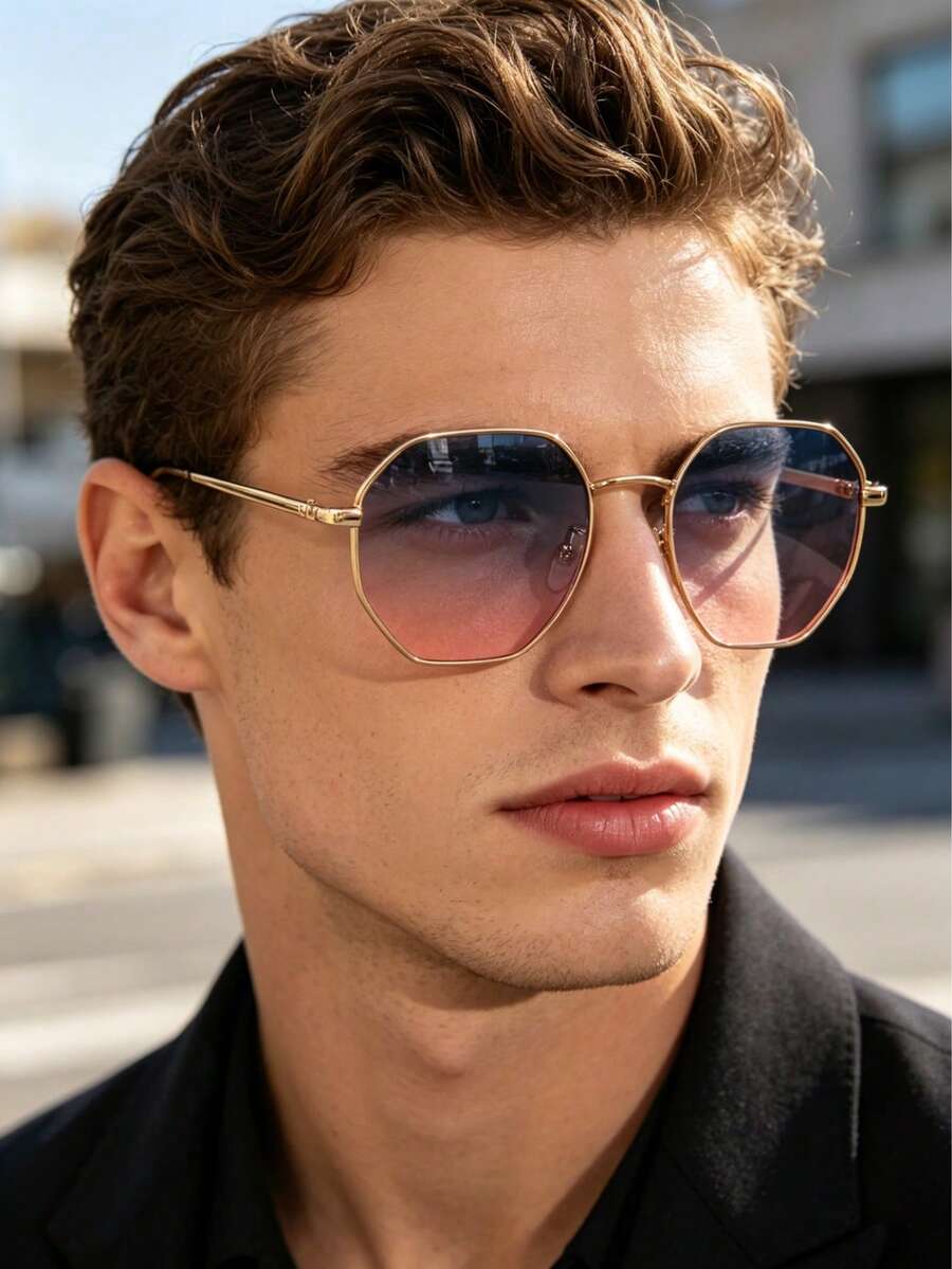 1 Pair Men's Metal Frame Geometric Edged Personalized Sunglasses, Suitable For Outdoor, Travel, Commute, Sun Protection - Blue Powder - View 1