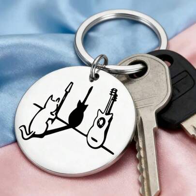 MOLANXUAN 1 móc khóa tròn bằng thép không gỉ, khắc hình chú mèo dễ thương đang chơi đàn guitar, quà tặng cho người yêu mèo, bạn bè, người chơi guitar, quà sinh nhật và Giáng sinh, bền và chống gỉ.