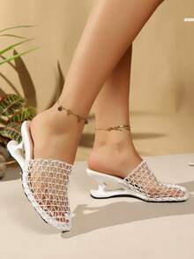 2026 Sommer Damen elegante Mesh Patchwork High Heels, Cut Out herzförmige Absätze, bequeme atmungsaktive High Heels geeignet für alle Anlässe - Weiss - Übersicht 5