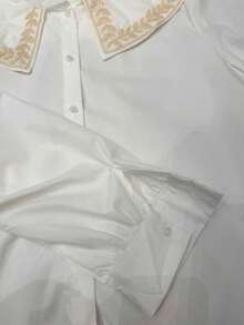 Women's Shirt With Ruff Collar/ Embroidered Detail/ Front Buttons/ Long Sleeves/ Classic Fashion S2192 2 In 1 Office - 白色 - 查看 4