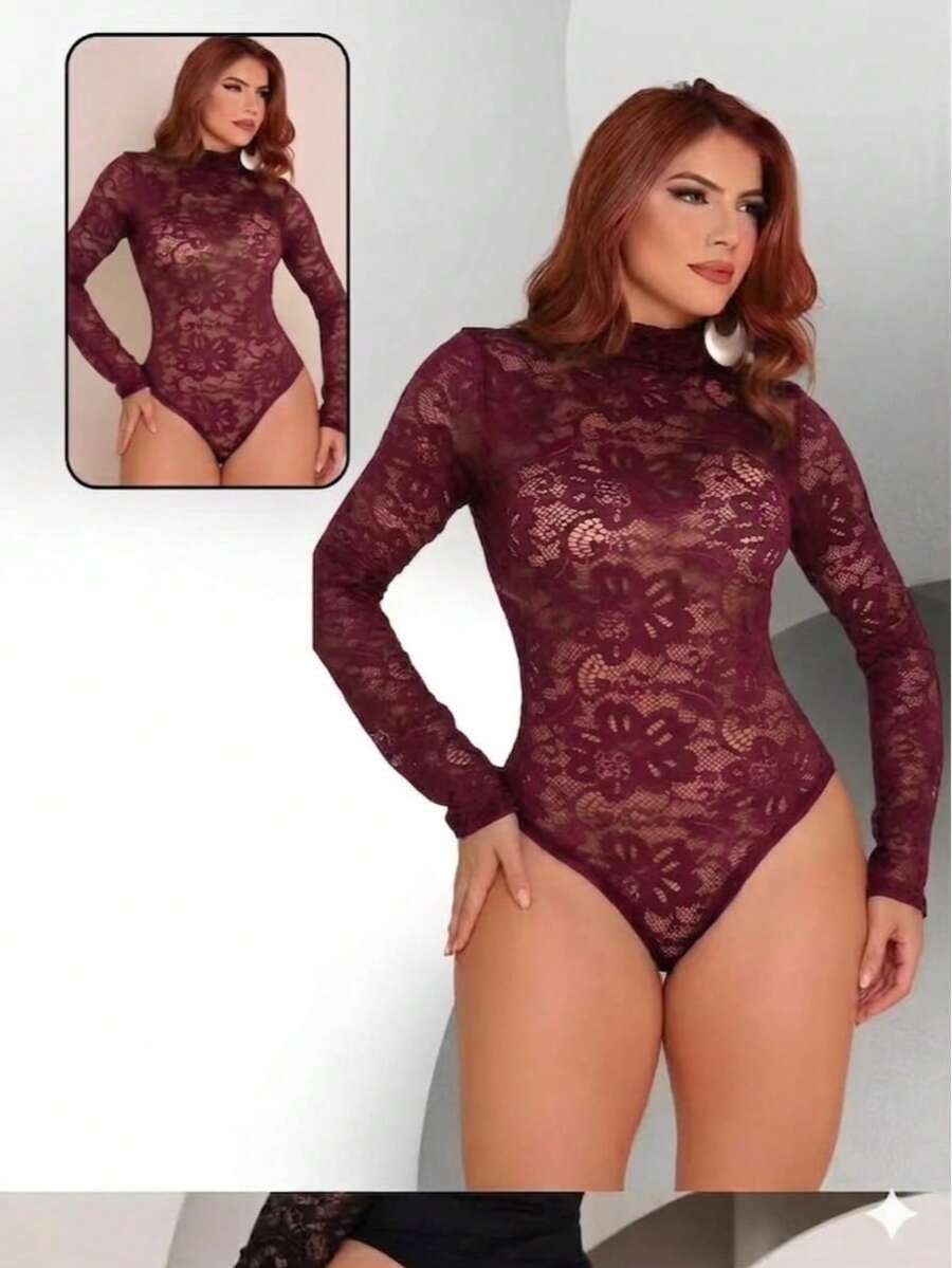Lace Bodysuit With High Neck - Winter - Fashion Look - Redwood - View 1