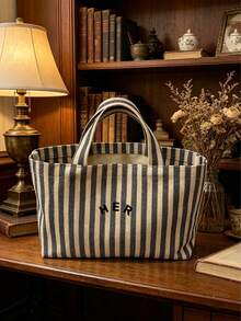 Casual Minimalist Letter Canvas Tote Bag, Striped Pattern Handbag, High Cost-Effective For Outdoor Shopping, Fashion Versatile Suitable For Moms, Students, Office Workers - Grey - View 3