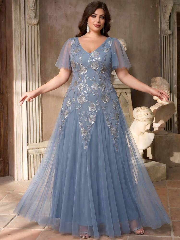 EVERPRETTY Vestido formal de fiesta con cuello en V, decoración de lentejuelas con flores de rosa, falda de volantes con corte A-line maxi, adecuado para invitados de boda en primavera, talla grande para mujer - Neblina azul - Añade 7