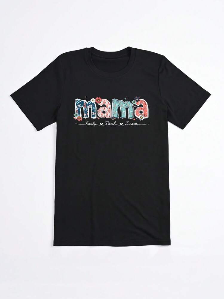 Camiseta negra con estampado floral y texto mama personalizado para mamás en ocasiones casuales - Negro - Añade 2