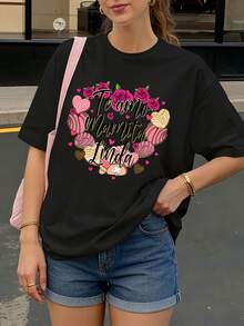 Camiseta Negra con Estampado de Rosas y Helados Te Amo Mamita Linda para Mujer Casual - Negro - Ver 1