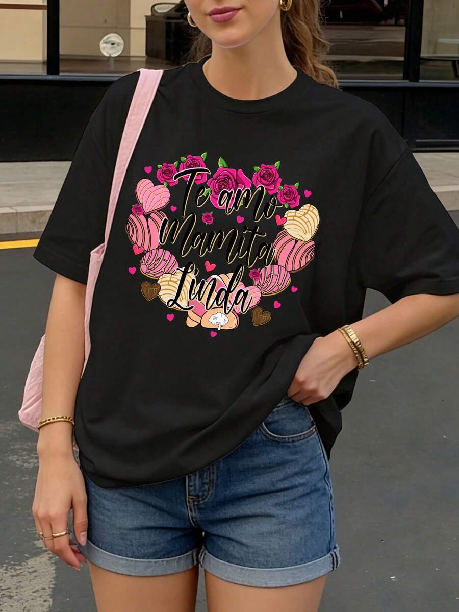 Camiseta Negra con Estampado de Rosas y Helados Te Amo Mamita Linda para Mujer Casual - Negro - Ver 1