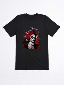 Camiseta Negra con Estampado de Calavera y Rosas Rojas para Mujer Dia de Muertos - Negro - Ver 2
