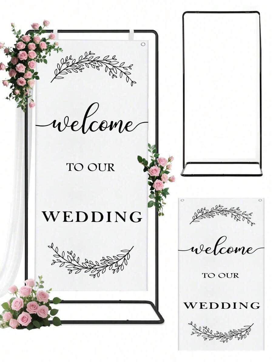 2pcs/Set - Adjustable "Welcome To Our" Wedding Sign Stand + Wedding Welcome Banner / Standard Ceremony Banner, Suitable For Wedding, Birthday Party, Baby Shower, Graduation Ceremony And Holiday Party Decorations - Multicolor - View 1