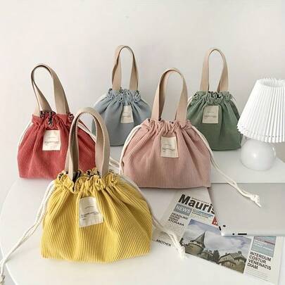 Corduroy Drawstring Lunch Bag For Women, Insulated Mini Tote Lunch Box, Reusable Thermal Cooler Bag For Work, School, Picnic, Bento Box, Multi Colors