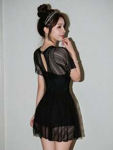 Women's Summer Beach Vacation Round Neck Ruffle Hem Casual Swimsuit Dress - Negro - Ver 2