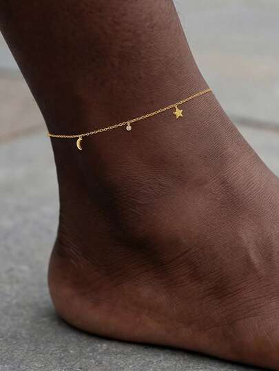 EleRunis 1 chiếc vòng đeo mắt cá chân bằng bạc sterling 925 mỏng manh, nhiều lớp, hình ngôi sao và mặt trăng, phong cách Boho, trang sức mùa hè kiểu Hawaii dành cho nữ và các cô gái yêu thích đi biển.
