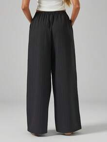 Black Textured Wide Leg Casual Pants, Drawstring Waist, Loose Fit, Suitable For Work And Shopping Spring - Black - View 9
