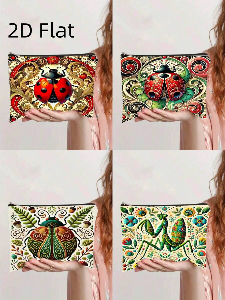 异想天开的民间艺术昆虫印花化妆包，瓢虫和螳螂主题便携式拉链袋 - 彩色 - 查看 1