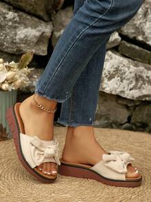 Plus Size Women's Versatile Bow Tie Wedge Platform Slide Sandals, New Summer Open Toe Beach High Heel Sandals - Beige - View 4