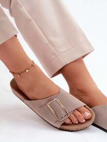 Elegant And Comfortable Women's Suede Slippers Made Of Natural Leather, On A Cork Sole, With A Gold Buckle And Contoured Insole, Ideal For Summer Black Beige Green - Khaki - View 6