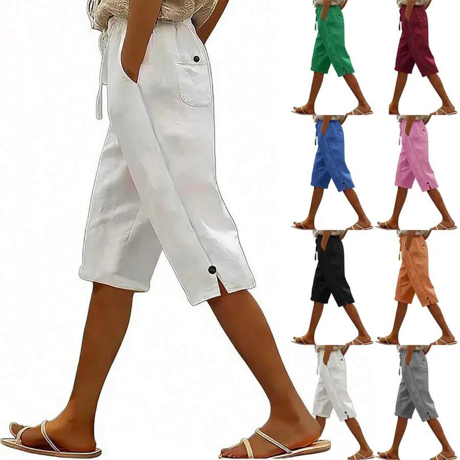 Pantalones Capri de Mujer, Color Sólido, Algodón y Lino, Corte Holgado, Cinturón Delantero y Trasero, Múltiples Bolsillos - Rojo - Ver 1