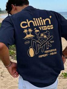 1 pieza Camiseta con estampado gráfico para hombre, ropa de playa de verano, camiseta de manga corta de corte holgado - Azul Marino - Ver 3
