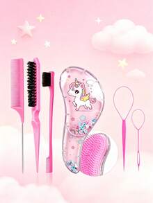 3/6-Piece Makeup Brush Set, Featuring Various Adorable Unicorn Combs To Choose From, Flip-Forward Styling Tools, Hair Band Scissors, Edge Brushes, Bristle Brushes, Teasing Combs. Suitable For Grooming, Styling And Cleaning. Suitable For Salon Use (In Pink And Purple) - Multicolor - View 5