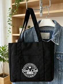 Bolsa e nécessaire combinando, estampa de livros, com a inscrição "Clube do Livro", sacola de compras simples, nécessaire portátil, mochila, bolsa para o dia a dia, bolsa para guardar coisas, grande capacidade, portátil, ideal para adolescentes, mulheres, universitárias e profissionais, perfeita para volta às aulas, trabalho, ensino fundamental, ensino médio, universidade, feriados, presente para o Dia dos Professores, essencial para retornar aos dormitórios universitários. - Multicolorido - Ver 1