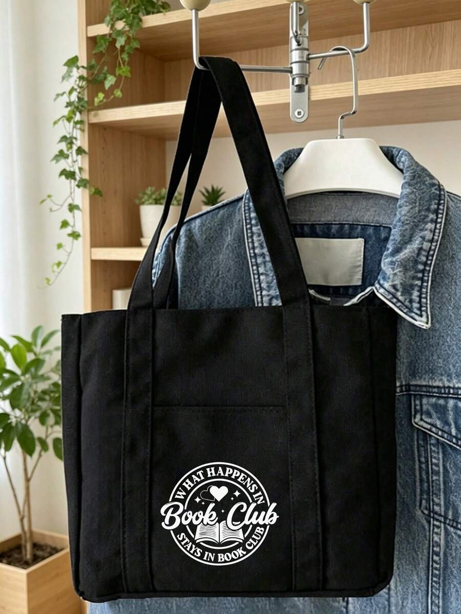Bolsa e nécessaire combinando, estampa de livros, com a inscrição "Clube do Livro", sacola de compras simples, nécessaire portátil, mochila, bolsa para o dia a dia, bolsa para guardar coisas, grande capacidade, portátil, ideal para adolescentes, mulheres, universitárias e profissionais, perfeita para volta às aulas, trabalho, ensino fundamental, ensino médio, universidade, feriados, presente para o Dia dos Professores, essencial para retornar aos dormitórios universitários. - Multicolorido - Ver 1