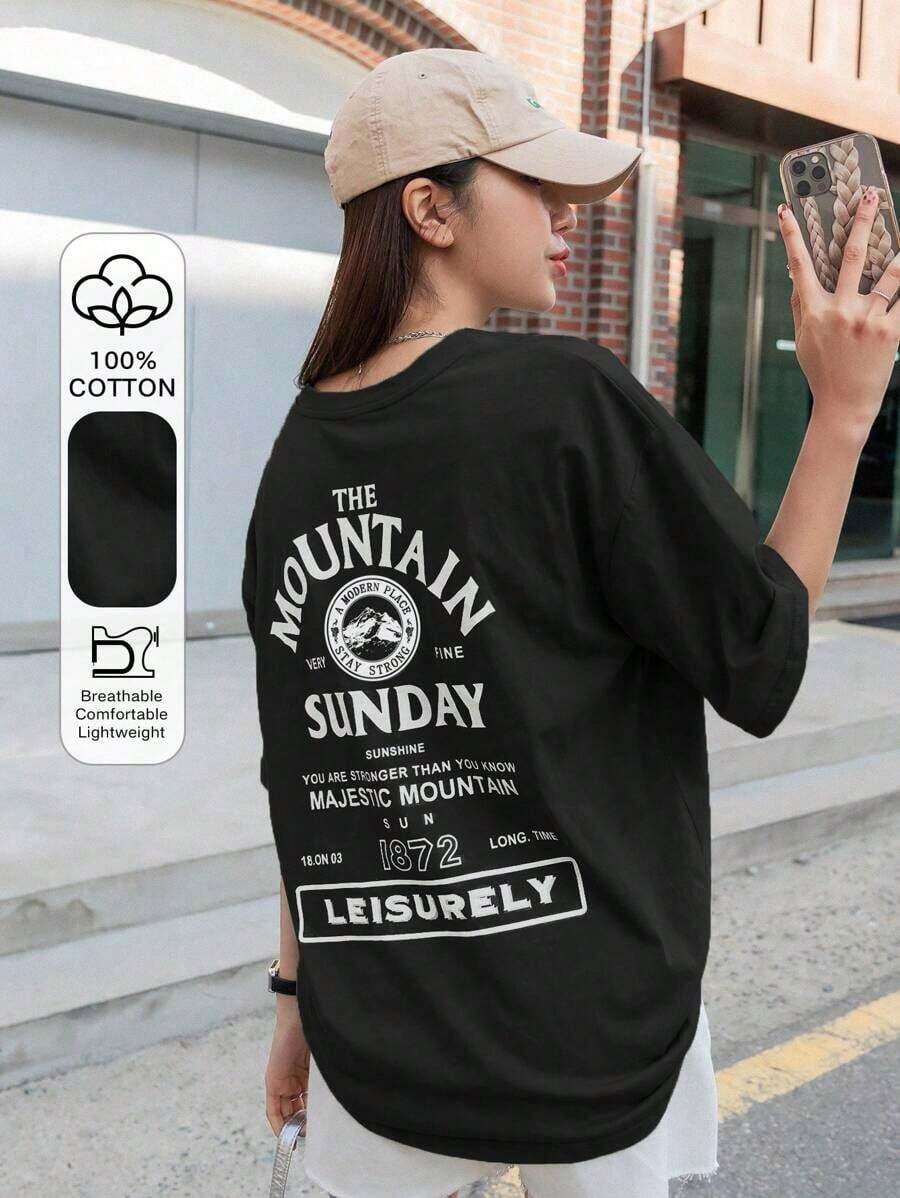 Camiseta de manga caída con gráfico de letra, camiseta holgada de verano, Pascua - Negro - Ver 1