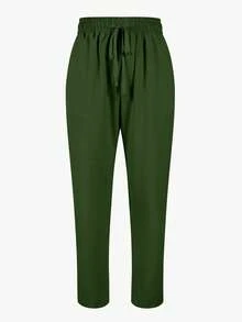 Jisfaneya Women's Solid Color Drawstring Casual Straight Leg Pants With Pockets - Green - View 3