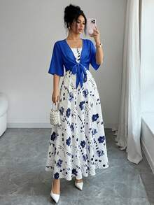 Vestido de gasa con estampado floral diminuto y chal, conjunto de 2 piezas para primavera - azul real - Ver 2